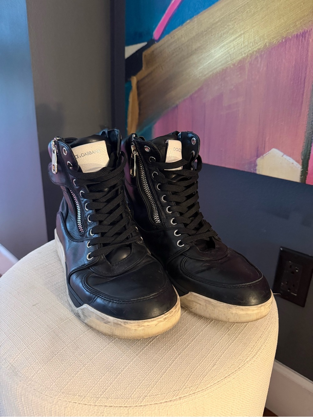 Dolce & Gabbana Black Leather High-Top Sneakers with Side Zippers